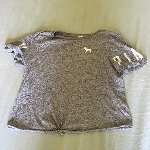 PINK grey cropped t-shirt with tied end.